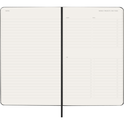 Offene Buchseiten eines Moleskine Kalender mit Platz für Notizen, Projektplanung und Aufgaben.