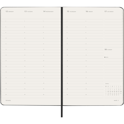 Offene Doppelseite eines Moleskine Buchkalenders mit Wochenansicht und Platz für Notizen.