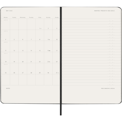 Offene Ansicht des Moleskine Buchkalenders Pro mit Wochenkalender und Notizseiten.