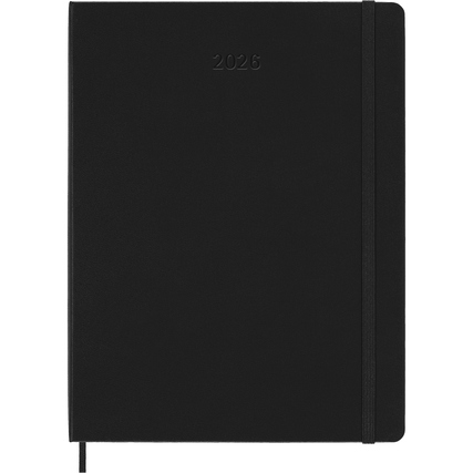 Schwarzer Hardcover-Buchkalender im DIN A4-Format mit Jahreszahl 2026 auf dem Cover.