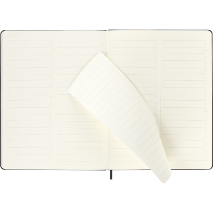 Offenes Moleskine Buchkalender Pro im DIN A4 Format mit leeren, strukturierten Seiten.