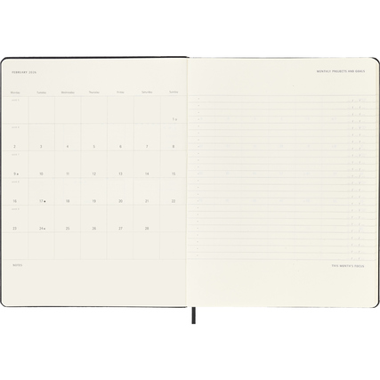 Offene Doppelseite eines Moleskine Buchkalenders mit Kalenderansicht und Platz für Notizen.