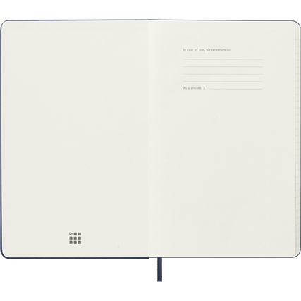 Offene Seitenansicht eines Moleskine Buchkalenders mit Platz für Notizen und Kontaktdaten.
