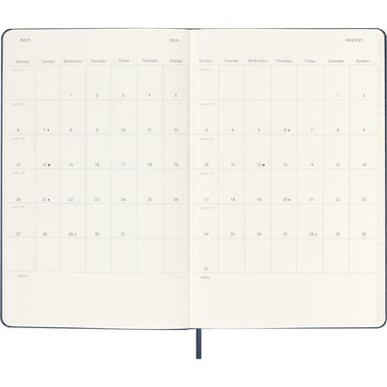 Offene Seitenansicht eines Moleskine Buchkalenders mit Wochenübersicht für Juli 2026.