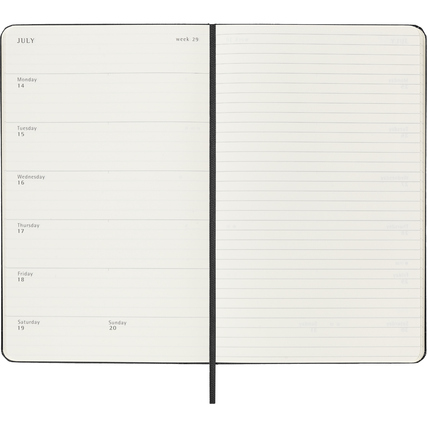 Offene Seite eines Moleskine Buchkalenders mit Wochenterminen und linierten Notizseiten.