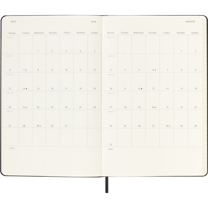 Kalender mit Wochenterminen und linierten Notizseiten, offen gezeigt für Juli und August 2026.