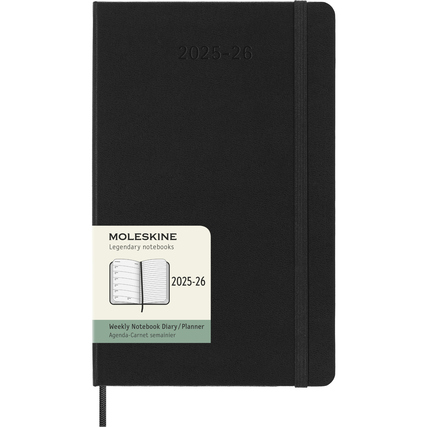 Schwarzer Hardcover-Buchkalender im DIN A5-Format mit Wochenterminen und Notizseiten.