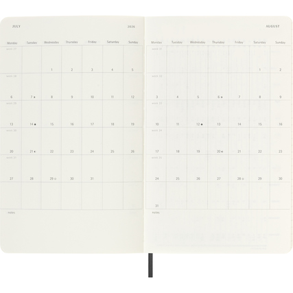 Kalender mit Wochenterminen für Juli und August 2026, offene Seitenansicht.