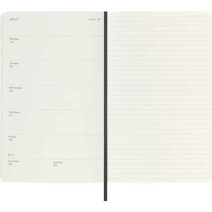 Doppelseite eines schwarzen Moleskine Buchkalenders mit Wochenterminen und linierter Seite.