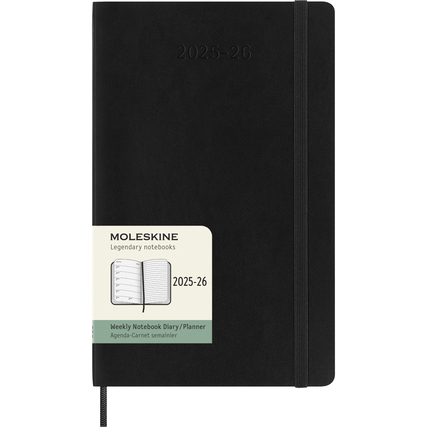 Schwarzer Moleskine Buchkalender DIN A5 für Juli 2025 bis Dezember 2026 mit Softcover.