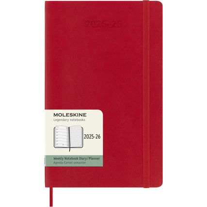 Scharlachroter Moleskine Buchkalender im DIN A5 Format mit Softcover und Wochenansicht.