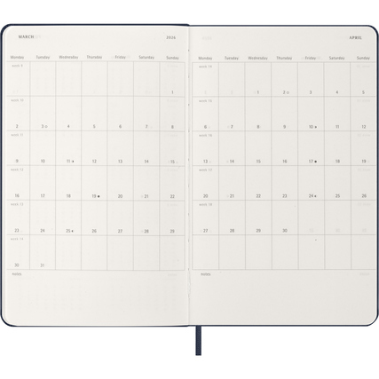 Wochenkalender im A5-Format mit zwei gegenüberliegenden Seiten für März und April 2026.