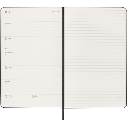 Geöffneter schwarzer Moleskine Buchkalender mit Wochenterminen und linierten Notizseiten.