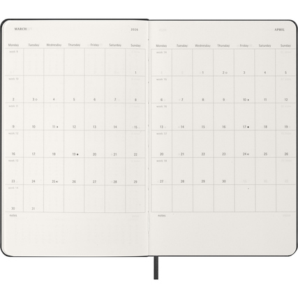 Offene Seitenansicht eines Moleskine Buchkalenders für die Monate März und April 2026.
