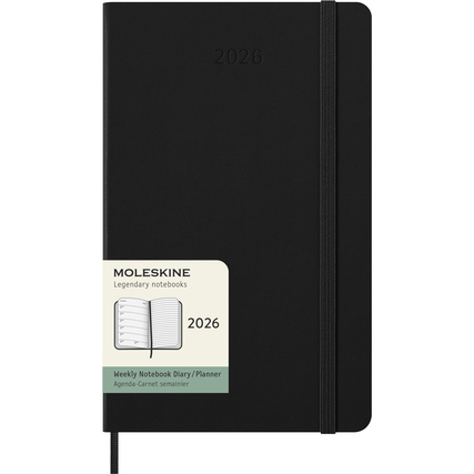 Schwarzer Hardcover Buchkalender im DIN A5 Format für 2026 mit Wochenterminen und Notizseiten.