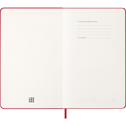 Offene Seitenansicht eines scharlachroten Hardcover-Buchkalenders im DIN A5-Format.