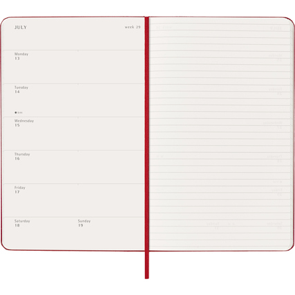 Wochenkalender im Hardcoverformat mit rot-weißem Design, geöffnet auf der Woche 29.