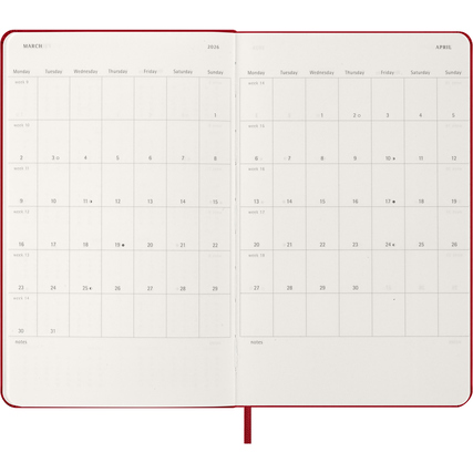 Wochenkalender mit Wochenterminen auf der linken und linierten Notizseite auf der rechten Seite.