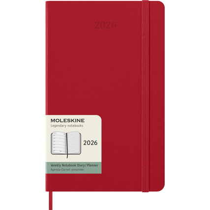 Scharlachroter Hardcover-Buchkalender 2026 im DIN A5 Format mit Sichtschutz und Etikett.