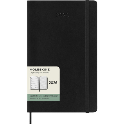 Schwarzer Moleskine Buchkalender 2026 Softcover im DIN A5 Format mit einer Etikett-Anzeige.