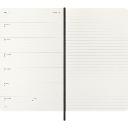 Wochenkalender im Softcover, aufgeschlagen mit einer linken und einer rechten Seite für Notizen.