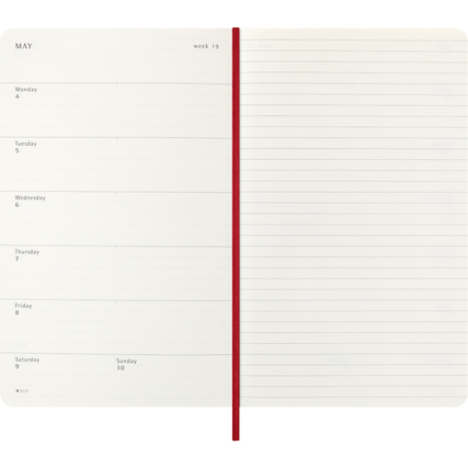 Offen gelegter Moleskine Buchkalender mit Wochenterminen und linierten Notizseiten.