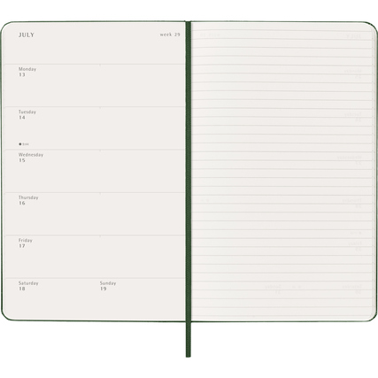 Offene Moleskine Buchkalender-Seite mit Wochenansicht links und linierter Notizseite rechts.