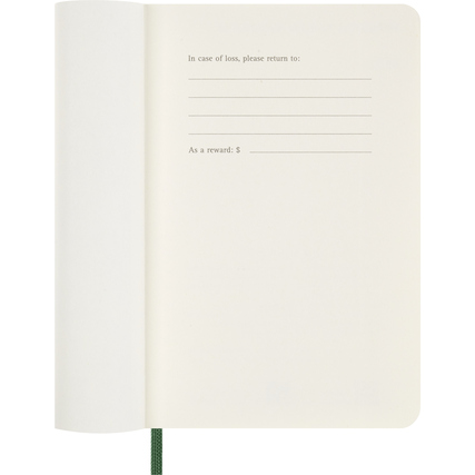 Offene Innenseite eines Moleskine Buchkalenders mit Platz für Kontaktdaten bei Verlust.