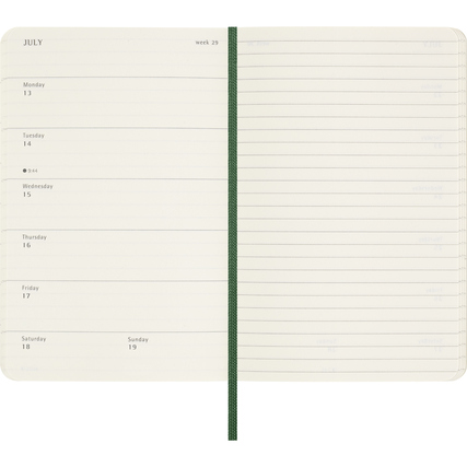 Offene Ansicht eines Moleskine Buchkalenders mit Wochenübersicht und linierten Notizseiten.