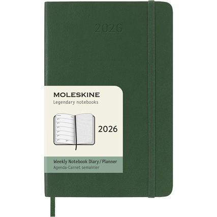 Grüner Softcover-Buchkalender 2026 mit Wochenübersicht und linierten Seiten.