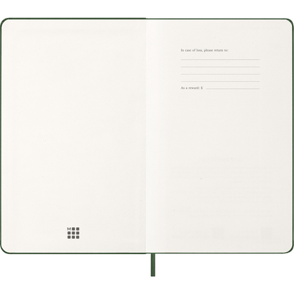 Offene Seite eines grünen Moleskine Buchkalenders im DIN A5 Format.