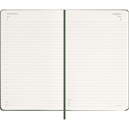Offene Doppelseite eines Moleskine Buchkalenders mit linierten Feldern für Samstag und Sonntag.