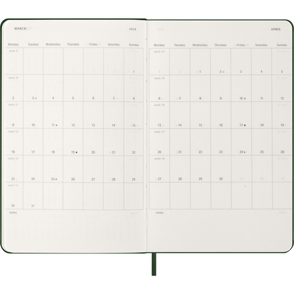Offene Seitenansicht eines Moleskine Buchkalenders für 2026 im DIN A5 Format.