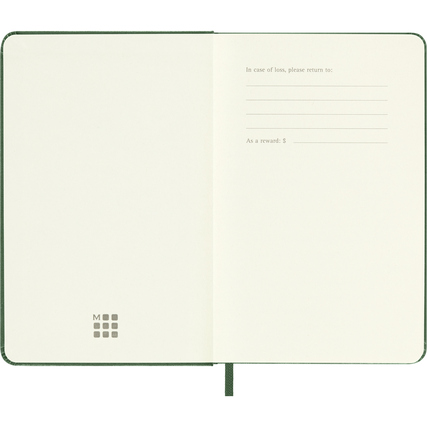 Offene Innenseite eines Moleskine Taschenkalenders mit Platz für Kontaktdaten bei Verlust.