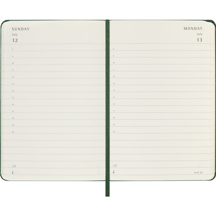 Offene Seitenansicht eines Moleskine Taschenkalenders mit zwei Tagen und Linien für Notizen.