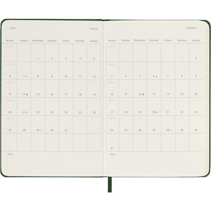 Zweiseitige Ansicht eines Moleskine Taschenkalenders für Juli und August 2026 mit Kalendertagen.