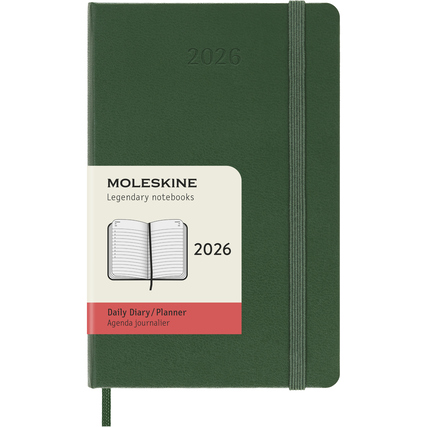 Grüner Hardcover-Taschenkalender für 2026 mit täglicher Seitenaufteilung und Gummiband.