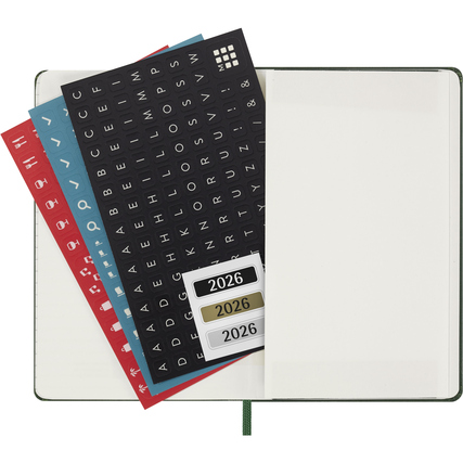 Taschenkalender im A6-Format mit leeren Seiten und Aufklebern für die Jahre 2026.