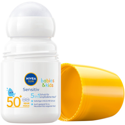 Roll-On Sonnenschutzmittel für Babys und Kinder in weißer Flasche mit gelbem Deckel.