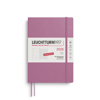 Buchkalender im Format DIN A5 in der Farbe dusty rose für das Jahr 2026.