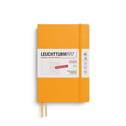 Gelber Hardcover-Buchkalender DIN B6+ für 2026 mit Gummiband und zwei Lesezeichen.