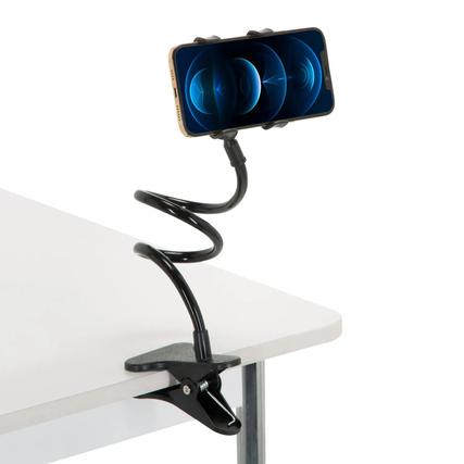 Smartphonehalter mit flexibel verstellbarem Schwanenhals und Klemmverschluss an einem Tisch.