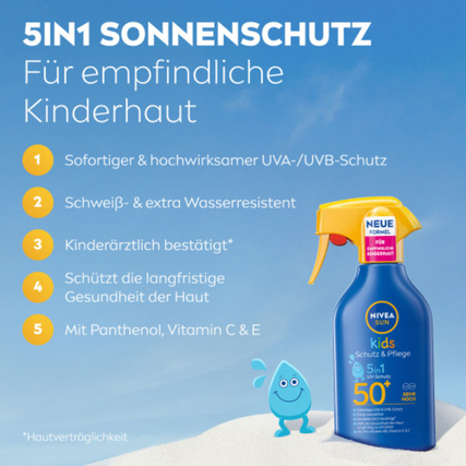 Sonnenschutzmittel für Kinder in Sprühflasche mit Schutzformel und Anwendungshinweisen.