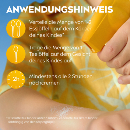 Sonnenschutzmittel für Kinder mit Anwendungshinweisen auf farbigem Hintergrund.