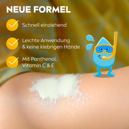 Sonnenschutzmittel für Kinder auf Haut aufgetragen, mit Icons zu Anwendung und Inhaltsstoffen.