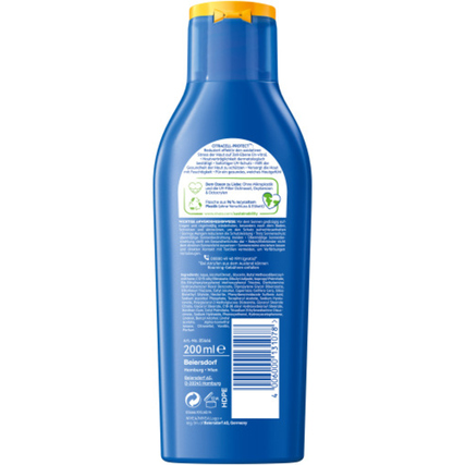Rückansicht einer 200 ml Flasche NIVEA SUN Sonnenschutzmittel mit gelbem Deckel und Etikett.