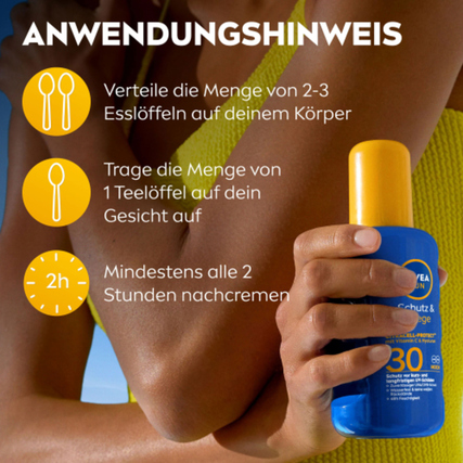 Anwendungshinweise für NIVEA SUN Sonnenschutzmittel mit Dosierungsempfehlungen auf Haut.