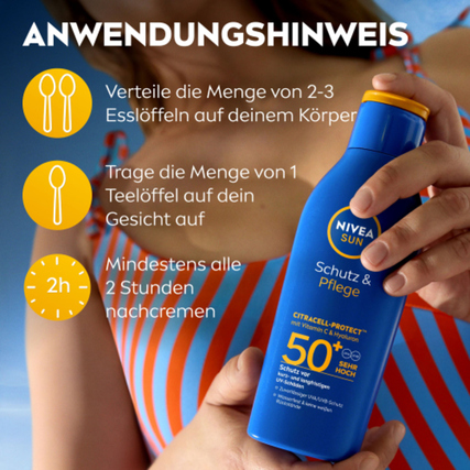 Blaue Flasche mit Sonnenschutzmittel und Anwendungshinweisen auf gelbem Hintergrund.