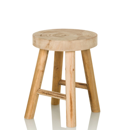 Sitzhocker aus Paulownia-Holz mit runder Sitzfläche und stabilen Beinen in natürlichem Design.