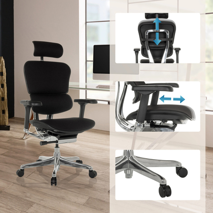 Schwarzer Bürodrehstuhl mit ergonomischem Design, verstellbarer Rückenlehne und Armlehnen.
